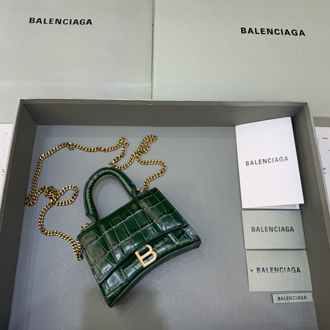 Balenciaga Hourglass Mini Handbag With Chain Crocodile Embossed Shoulder Bag Dark green